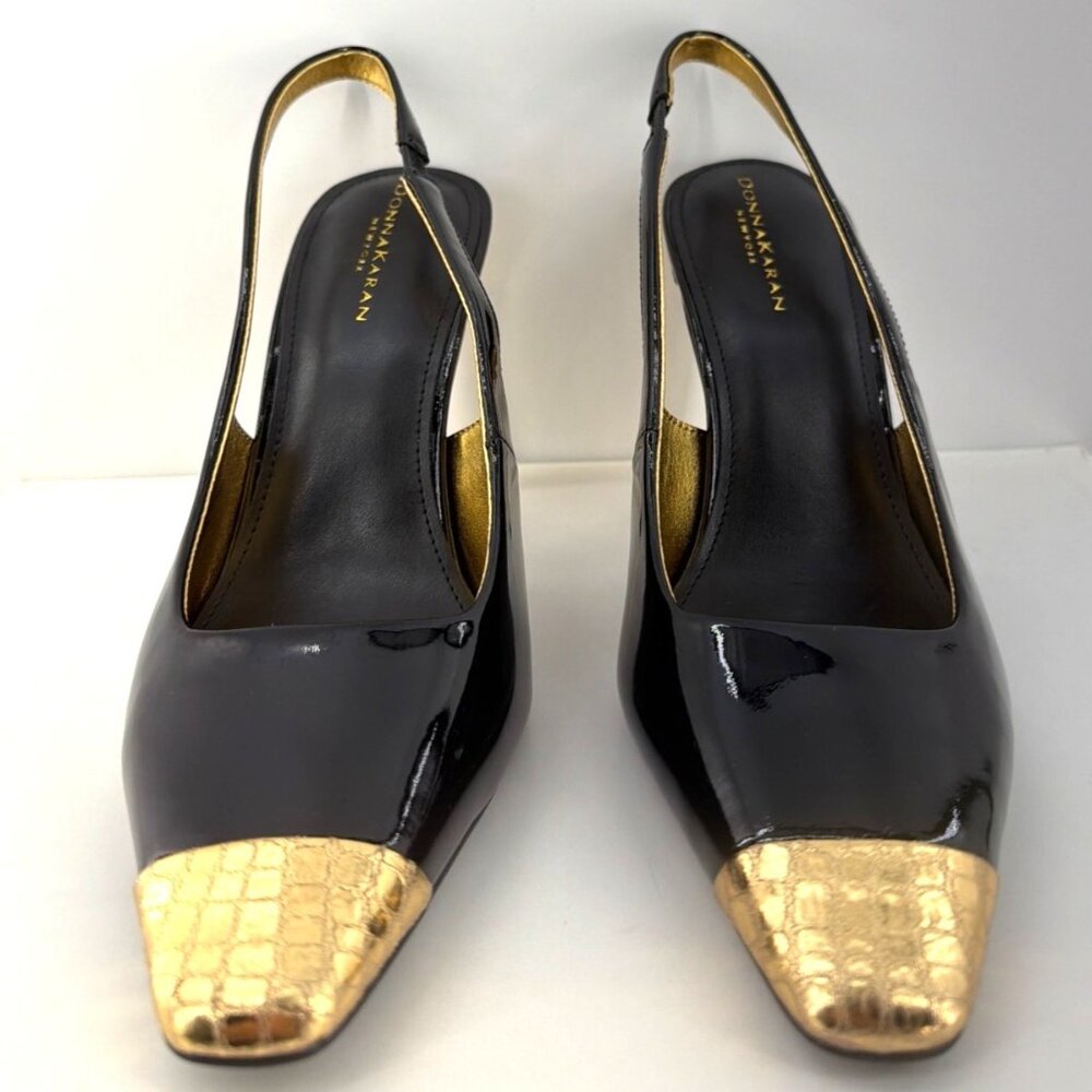 Donna Karan New York Savita Slingback Heels Black Gold Cap Toe Pumps Size 8.5 - Picture 6 of 14